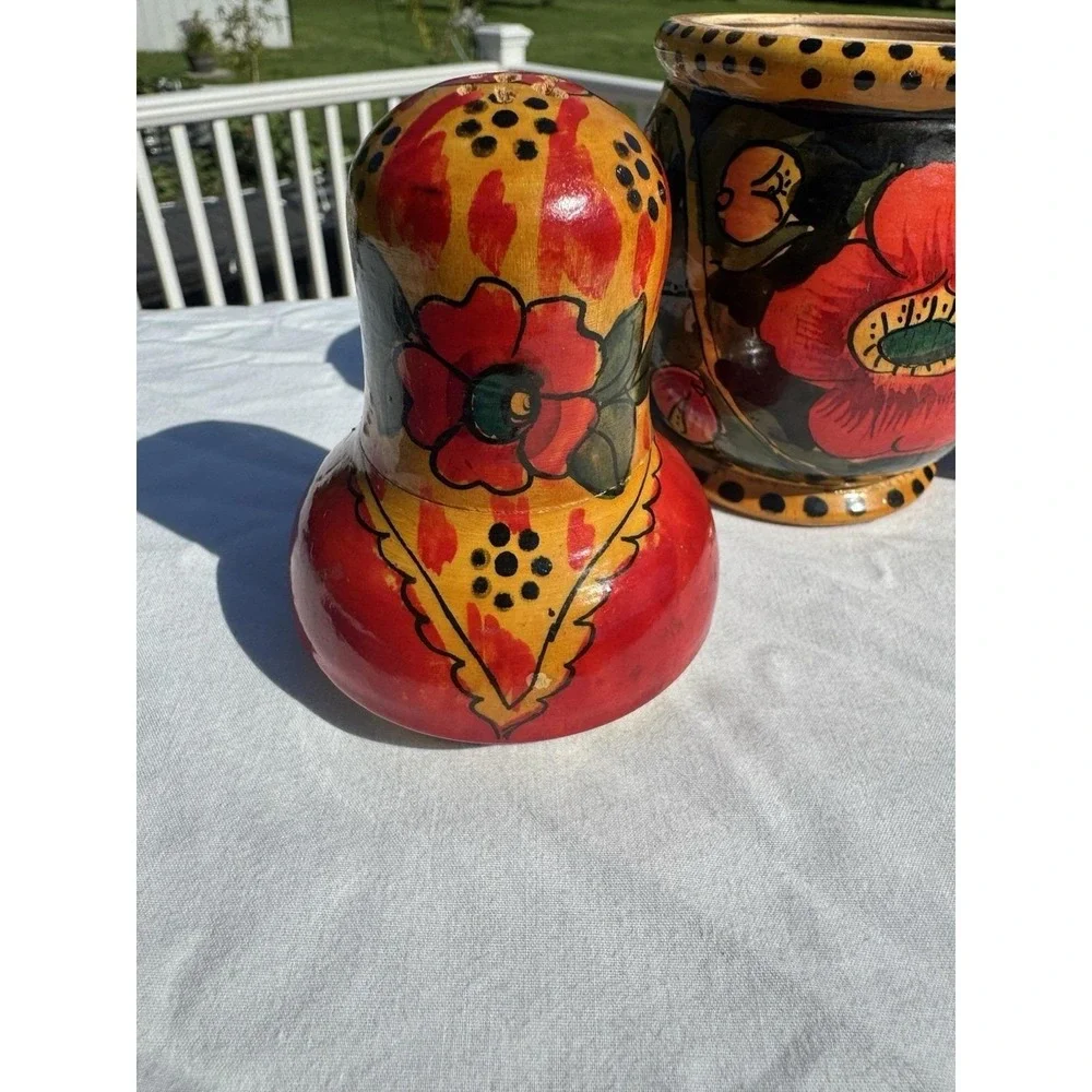 Soviet Russian Easter Wooden Spice Condiment Shaker Jar Set Matryoshka XB VTG